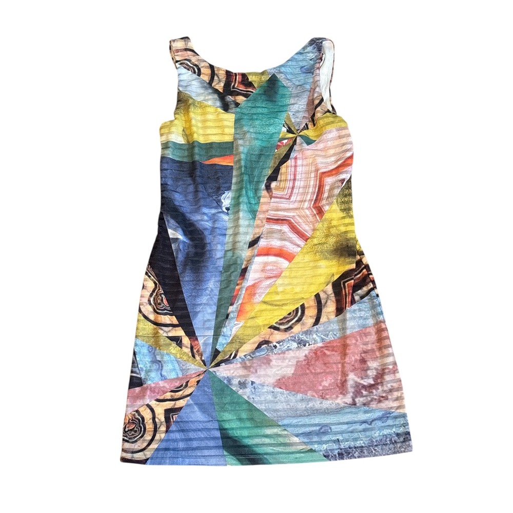 Desigual Multicolor Abstract Art Pleated Geometric Mini Dress Sleeveless Size S - Picture 3 of 8